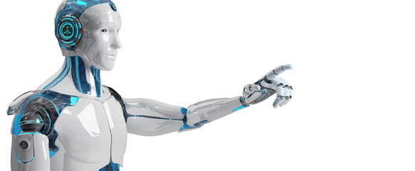 White male cyborg pointing his finger 3D rendering