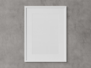 White rectangular vertical frame hanging on a white wall mockup 3D rendering