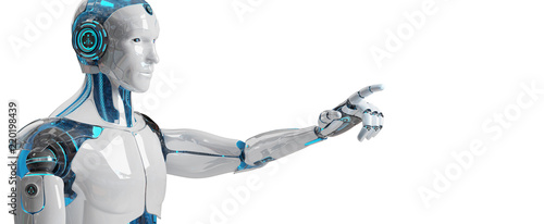 White male cyborg pointing his finger 3D rendering