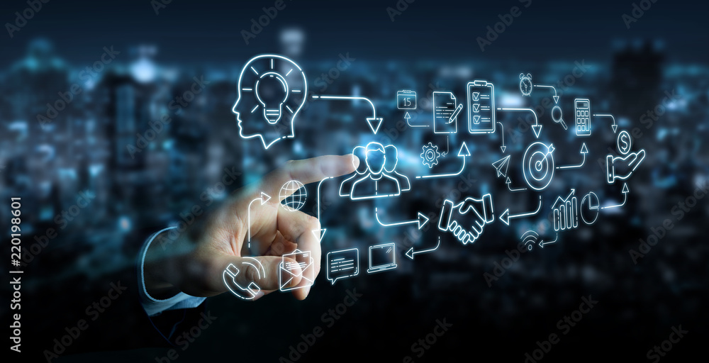 Poster businessman using thin line icon project plan presentation
