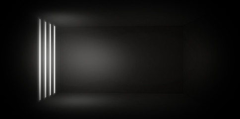 Background of an empty room at night with smoke and neon light. Dark abstract background. Background of an empty show scene. 3D rendering