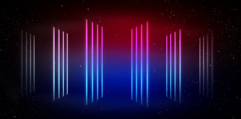 Background of an empty room at night with smoke and neon light. Dark abstract background. Background of an empty show scene. 3D rendering