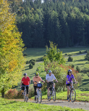 eine Gruppe älterer Leute genießt den Herbst bei einer Radtour