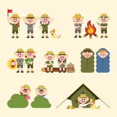Cute characters doing various activities in camping. flat design style vector graphic illustration set