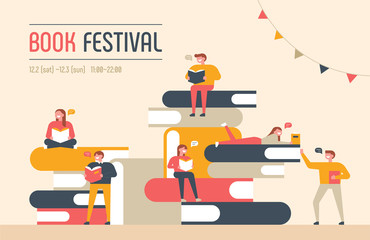 There are huge books piled up and people are reading on it. flat design style vector graphic illustration set