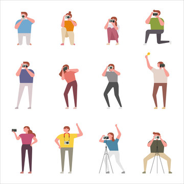 Various poses of people taking pictures. flat design style vector graphic illustration set