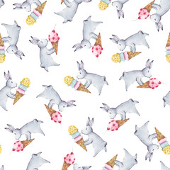 Watercolor seamless pattern. Wallpaper with fantasy bunneis cartoon animals on white background. Hand drawn vintage texture.