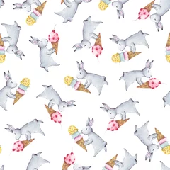Wallpaper murals Watercolor set 1 Watercolor seamless pattern. Wallpaper with fantasy bunneis cartoon animals on white background. Hand drawn vintage texture.