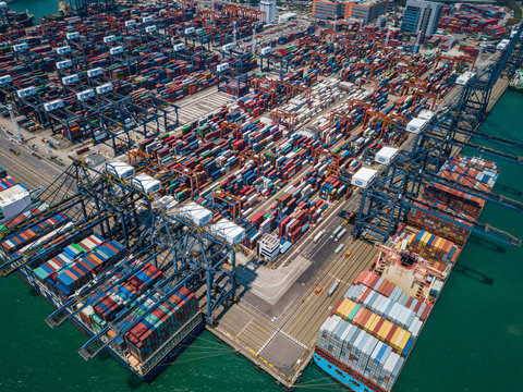 Drone fly over container terminal port in Hong Kong