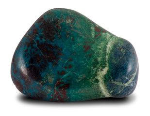 Polished blue-green color chrysocolla stone isolated on white background