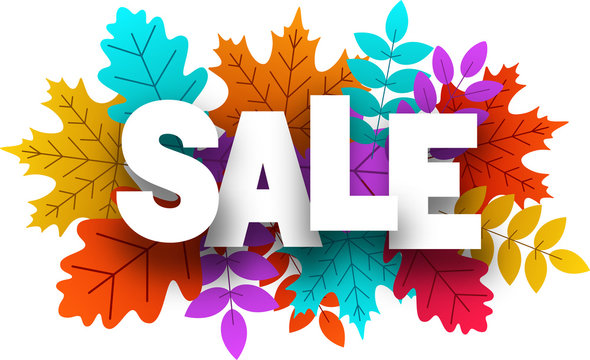 Sale card. Promotion banner with colorful leaves for shopping.