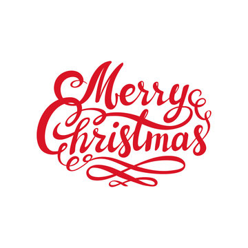 Red Merry Christmas text. Calligraphic Lettering design card template. Creative typography for Holiday Greeting. Usable as poster, web banner, greeting card, gift package etc.