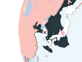 South Korea with flag on globe