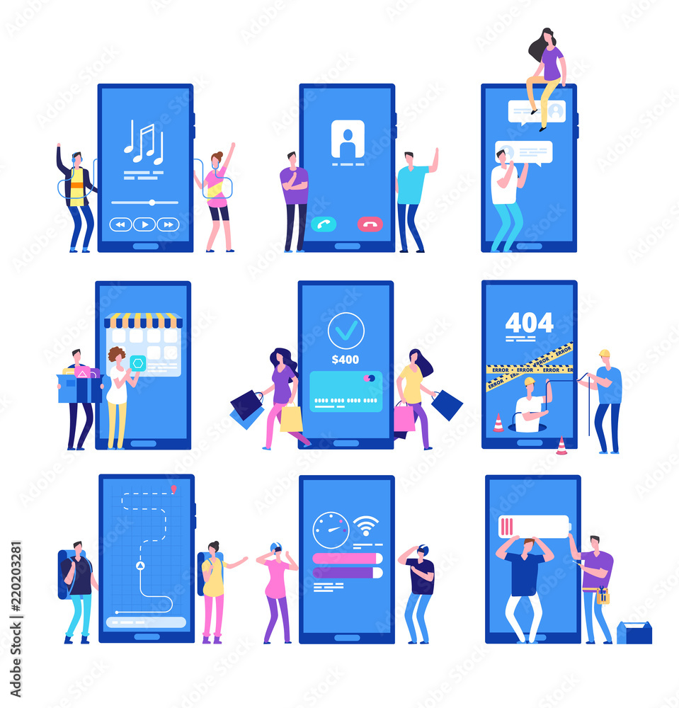 Poster phone app and people. small flat characters interact with smartphone application vector set