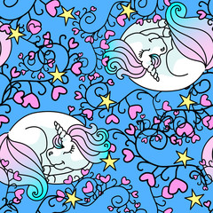 Sleeping little unicorn seamless pattern blue