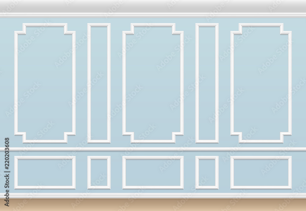 Wall mural classic blue wall with moulding panel. house luxury interior with molding frames. vector background