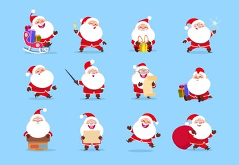 Santa character. Funny cartoon cute santa claus characters with different emotions, vector element for christmas greeting card