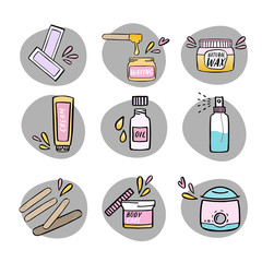 Handdrawn hair removal icons set. Waxing kit