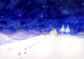 足跡がある冬の夜の風景　水彩画