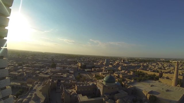 Panorama of ancient city of Khiva. Aerial view from top of a minaret.