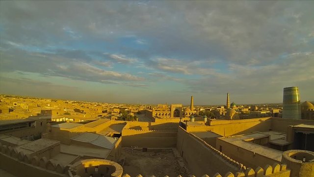 Evening panorama of Khiva (Chiva, Heva, Xiva, Chiwa, Khiveh) - Xorazm Province - Uzbekistan - Town on the silk road