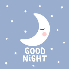 Fototapeta na wymiar moon, stars with good night text. White handmade phrase on the night background. vector handdrawn lettering banner design.
