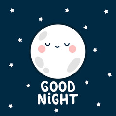 Fototapeta na wymiar moon, stars with good night text. White handmade phrase on the night background. vector handdrawn lettering banner design.