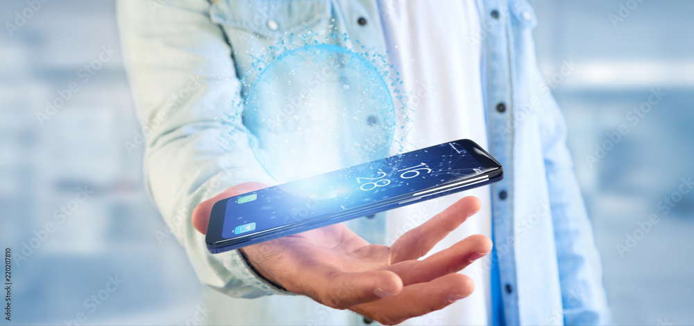 Poster man holding a 3d rendering data earth globe on a smartphone
