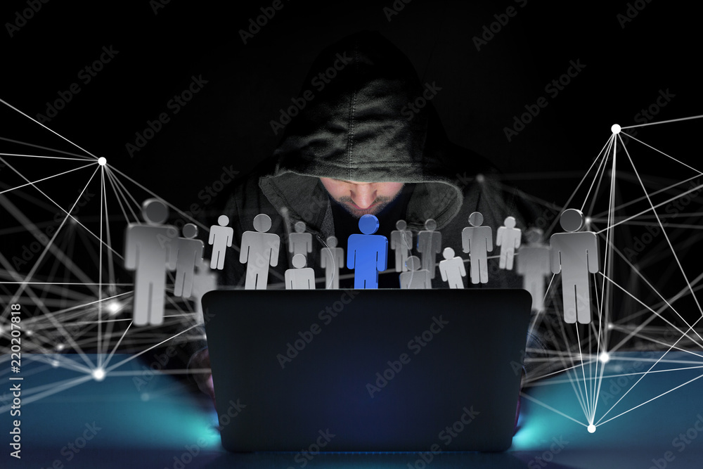 Poster hacker man in the dark using computer to hack data and information system