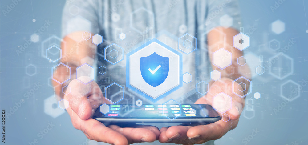 Poster man holding a shield web security concept 3d rendering