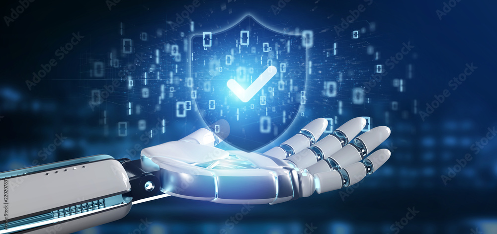 Poster cyborg hand holding a shield web security concept 3d rendering