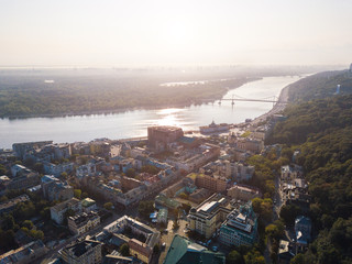 Kiev (Kiyv) Ukraine historical center panaramic aerial view. Down town and river Dnepr (Dnipro)....