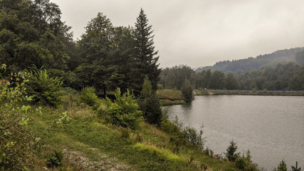 Aerial view of lake on mountain Goc in the fog. First signs of autumn, yellow ends on leaves. Mountain Goc - Serbia.