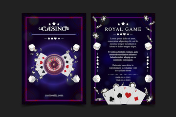 Casino background poster, flyer, Vip invitation poker game. Casino poster or banner background or flyer template. Playing Cards, dice, Chips. Game design concept. Playing casino games.