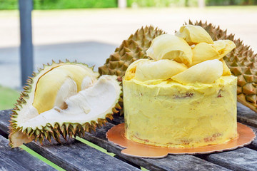 Durian cake and fresh yellow durian, Homemade Bakery in thailand, using as a background or...