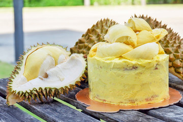 Durian cake and fresh yellow durian, Homemade Bakery in thailand, using as a background or wallpaper and text