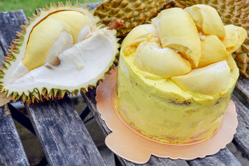 Durian cake and fresh yellow durian, Homemade Bakery in thailand, using as a background or wallpaper and text