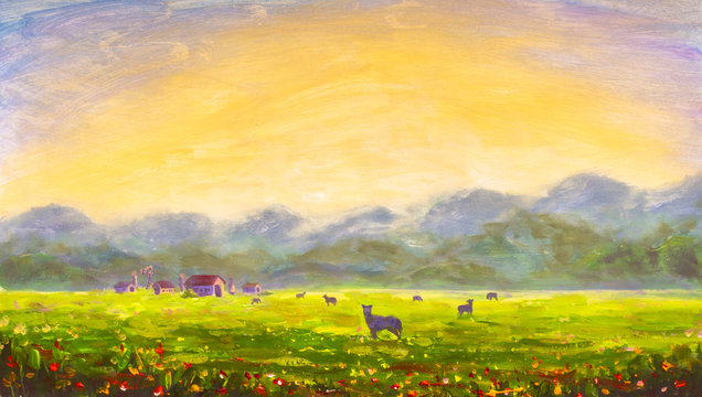 Summer rural landscape with cows and farm, dawn above hill shandmade oil painting