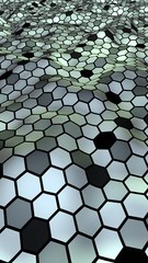 Honeycomb with a gradient color. Perspective view on polygon look like honeycomb. Wavy surface. Isometric geometry. 3D illustration