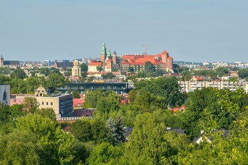 Beautiful urban landscape. View of the city of Krakow from the Zakrzowek quarry.