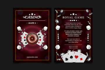 Casino background poster, flyer, Vip invitation poker game. Casino poster or banner background or flyer template. Playing Cards, dice, Chips. Game design concept. Playing casino games.