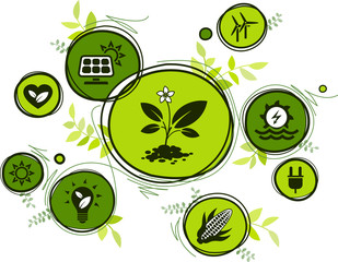 Fototapeta na wymiar renewable & sustainable energy sources - water, solar, wind, biomass energy: vector illustration