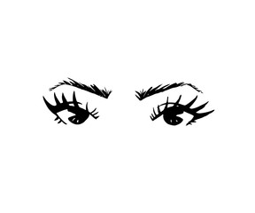 Illustration of hand-drawn woman's eyes with shaped eyebrows and full lashes.