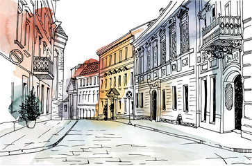 Old city street in hand drawn line sketch style. Urban romantic landscape. Vilnius.Lithuania.  Black and white illustration on colorful watercolor background. © elenavic