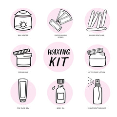 Handdrawn hair removal icons set. Waxing kit