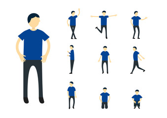 Set of character design of person with blue shirt isolated on white background.