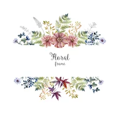 Stickers pour porte Fleurs Watercolor herbarium frame with flowers and forest leaf.