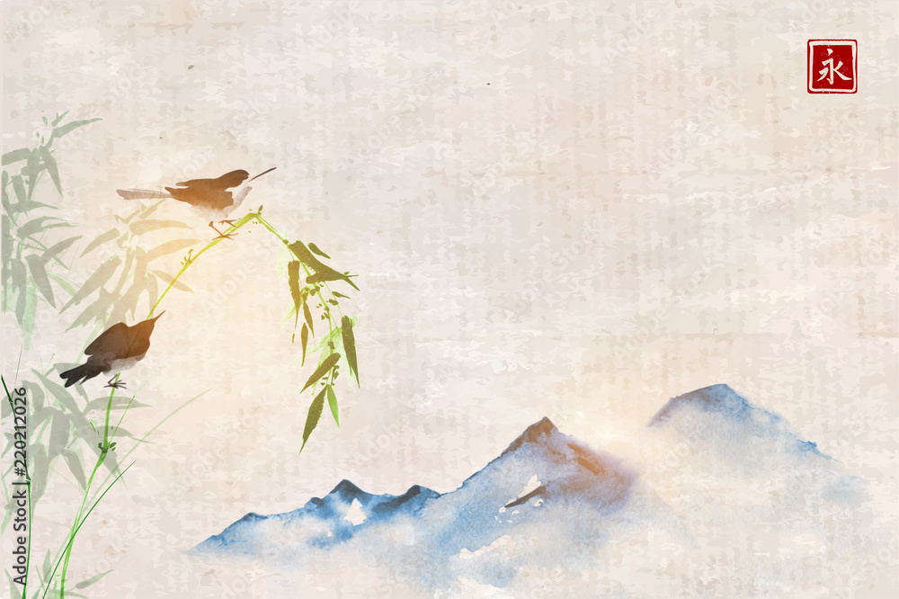 Wall mural two little birds sitting on bamboo branch and distant bllue mountains. traditional oriental ink pain