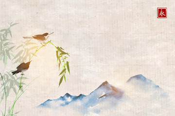 Two little birds sitting on bamboo branch and distant bllue mountains. Traditional oriental ink painting sumi-e, u-sin, go-hua on vintage background. Hieroglyph - eternity.