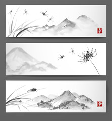 Banners with mountain landscape. Dragonflies and cicada over the flower an grass.  Traditional Japanese ink painting sumi-e, u-sin, go-hua. Hieroglyphs - happiness, clarity.